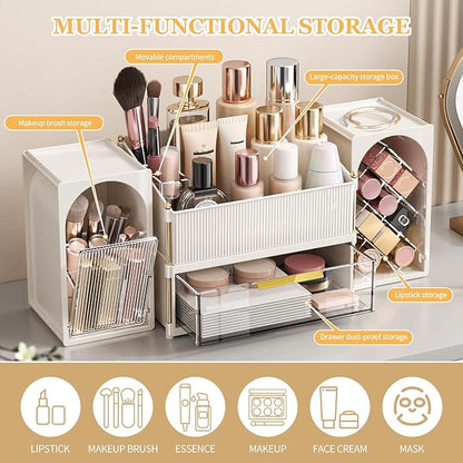 Makeup Organizer for Vanity with Brush Holder, Large Bathroom Countertop Cosmetic Organizer Skin Care Storage, Easy to Store Lipsticks, Nail Polishes, Perfumes (White+Transparent)