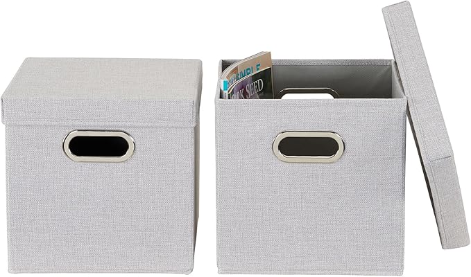 Household Essentials 804-1 Café Cube Bin Storage Set with Lids and Handles | 16 Pack | Silver Linen
