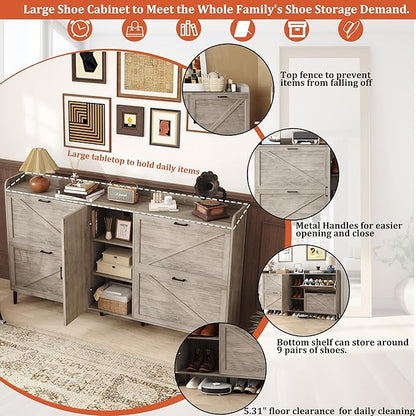 HOMEFORT Large Shoe Cabinet with 4 Flip Drawers, Farmhouse Narrow Shoe Organizer Cabinet for Entryway, Hidden Shoe Rack with Adjustable Side Cabinet for Boot Storage,6 Wood Legs, Washed Gray