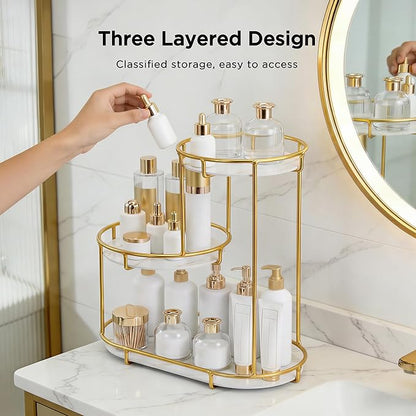 HBlife Makeup Organizer for Vanity, 3 Tier Metal Bathroom Countertop Organizers Skin Care Storage, Bathroom Counter Shelf Skincare Holder Perfume Cosmetic Display, Gold
