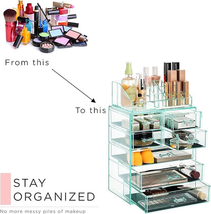 Sorbus Acrylic Makeup Organizer Set, 7-Drawer Vanity & Countertop Cosmetic Storage with Small & Wide Compartments, Teal Thrill Makeup Storage for Brushes, Jewelry – Holiday Gift for Women & Teens