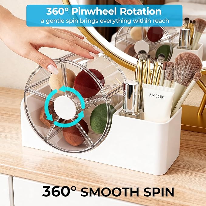 Hair Accessories Organizer for Girls, 2-Slot Hair Brush Holder & 5-Section Rotating Wheel, Cute Makeup Brush Holder for Hair Tile, Clip, Makeup Brush, Earring, Ring, Kids Vanity Accessories (White)