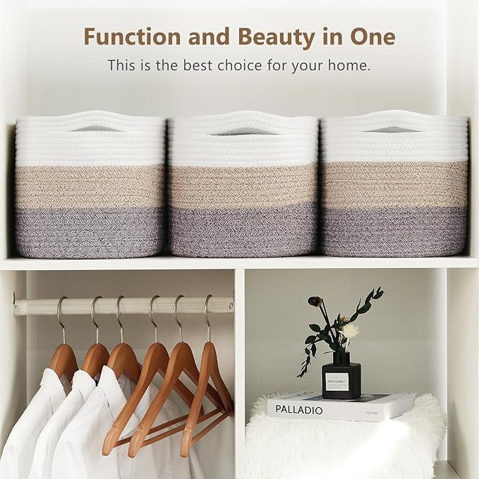 ECDYQXVU Cotton Rope Storage Basket, 15x10x9 Inches, Woven Basket for Shelves, Clothes, Towels, Books, and Laundry, White Brown (2 Pack)