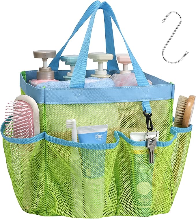 F-color Mesh Shower Caddy Portable, Upgrade Deeper 7 Pockets Shower Bag Basket Bag Tote for College Dorm Room Toiletry Bathroom Essentials Gym Camp Quick Dry 2 handles with S Hook