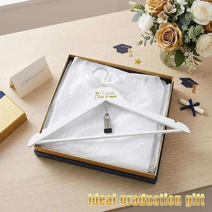 GraduatePro Graduation Cap and Gown Hanger 17.5“ ”with Hook Clip for College and High School Graduates, Graduation Gifts with Class of 2026 Printed for Her and Him, White