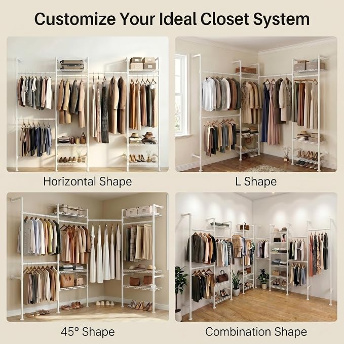 Wall Mounted Closet System – Adjustable Clothing Rack with 6 Hanging Clothes Rods( 4 Expandable Rods) & 6 Shelves, Heavy Duty Industrial Pipe Clothes Rack for Closet Organizer and Storage, White