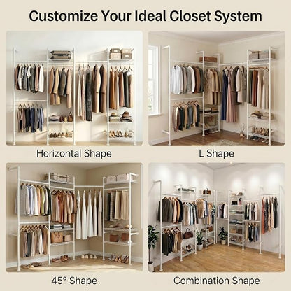 Wall Mounted Closet System – Adjustable Clothing Rack with 6 Hanging Clothes Rods( 4 Expandable Rods) & 6 Shelves, Heavy Duty Industrial Pipe Clothes Rack for Closet Organizer and Storage, White