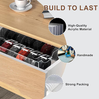 Large Acrylic Belt Organizer with Dust Lid, Clear Belt Storage for Closet and Drawer, 14 Compartments Belt Box Holder for Singers, Men, Women (Dual Rows,14 Compartments)