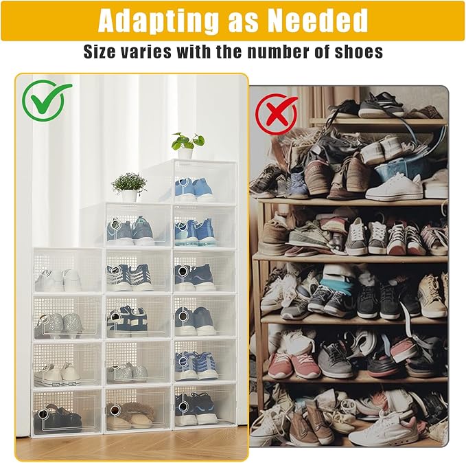 Garvee 12 PCS Transparent Plastic Foldable Shoe Boxes, Stackable Shoe Storage Organizers with Lids for Closet