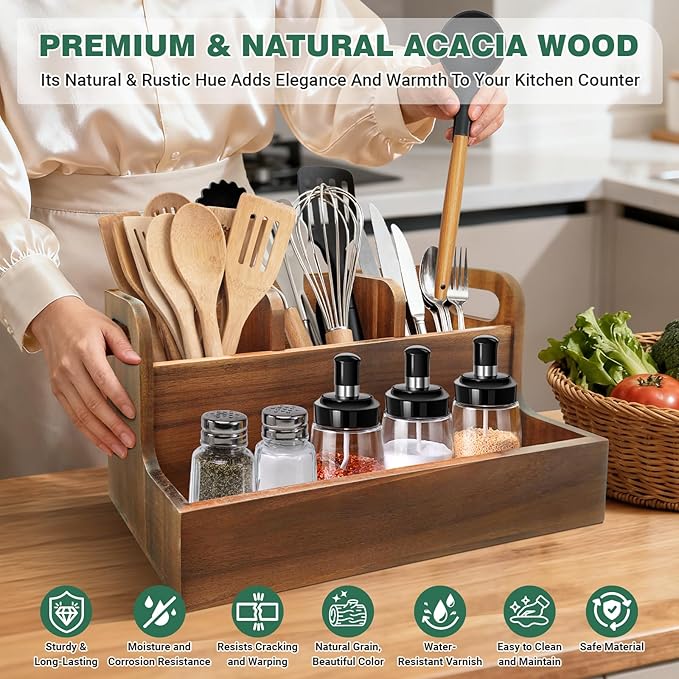Kitchen Utensil Holder for Countertop with 4 Compartments Acacia Large Utensil Holder Wooden Storage for Cooking,Baking,Flatware Tool Kitchen Utensil Organizer