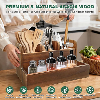 Kitchen Utensil Holder for Countertop with 4 Compartments Acacia Large Utensil Holder Wooden Storage for Cooking,Baking,Flatware Tool Kitchen Utensil Organizer