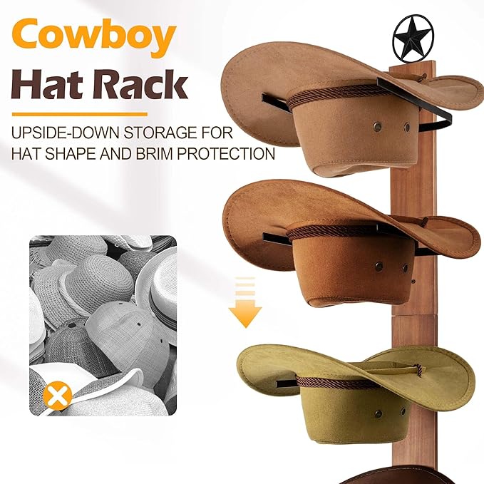 Cowboy Hat Holder Rack Organizer: 6 Hats Cowboy Hat Holder for Wall Mount, Detachable Wooden Western Metal Rustic Hat Hanger Storage, Hat Rack for Cowgirl Hat, Fedora, Sun Hats