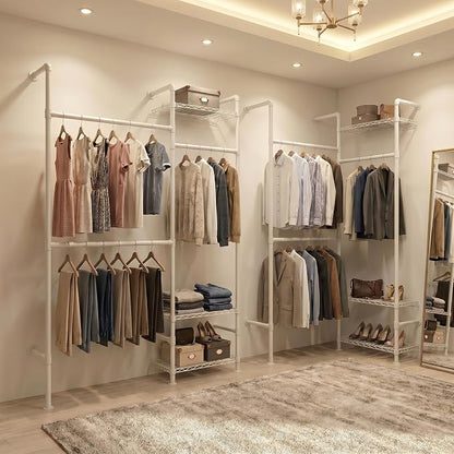 Wall Mounted Closet System – Adjustable Clothing Rack with 2 Expandable Rods & 3 Shelves, Heavy Duty Industrial Pipe Clothes Rack for Closet Organizer and Storage, White