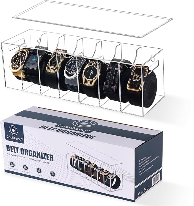 Acrylic Belt Organizer with Dust Cover – Clear Belt Rack & Storage Box, 7-Compartment Belt Holder for Closet, Drawer or Wall Mount – Space Saving Tie & Accessory Organizer for Men & Women
