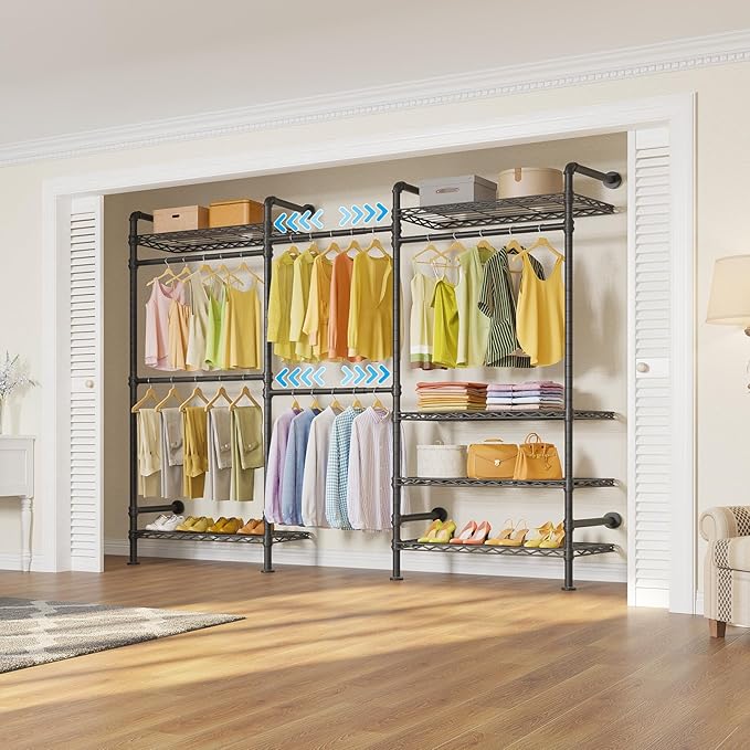 Timate F3 Garment Rack Heavy Duty Clothes Rack for Hanging Clothes, Expandable Industrial Pipe Wall Mounted Clothing Racks, Adjustable Storage Wardrobe Closet Kit Walk in Closet Systems, Black