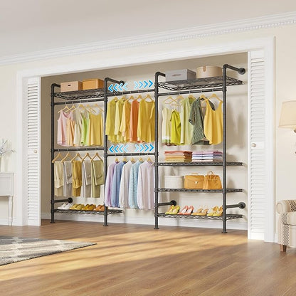 Timate F3 Garment Rack Heavy Duty Clothes Rack for Hanging Clothes, Expandable Industrial Pipe Wall Mounted Clothing Racks, Adjustable Storage Wardrobe Closet Kit Walk in Closet Systems, Black