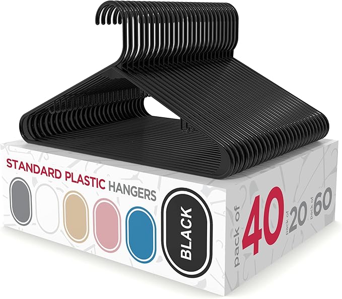 Sharpty Plastic Hangers Clothes Hangers for Clothing, Closet, Coats & Shirts - Durable & Space Saving - for Everyday Standard Use, Room Essentials & Basics - 40 Pack - Black