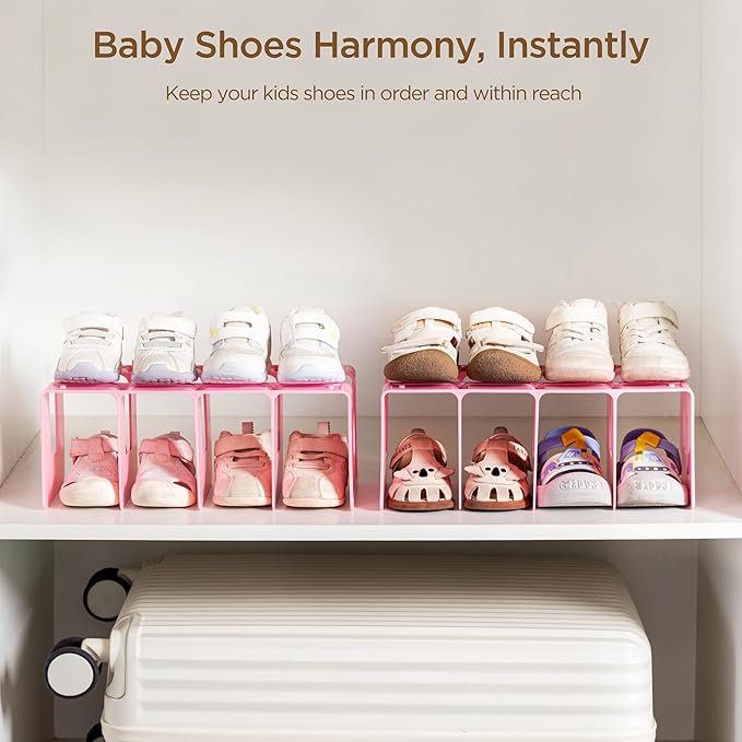 HBlife Pink Acrylic Kids Shoe Rack for Closet Organizers and Storage, Small Shoe Rack 4 Sections Toddler Baby Shoe Storage Organizer Stackable Shoe Shelf,Desk File Sorter Book Purse Organizer(2 Pack)
