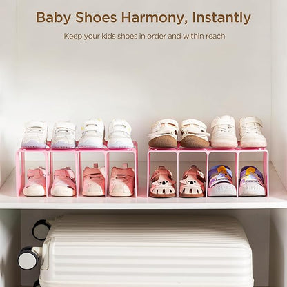 HBlife Pink Acrylic Kids Shoe Rack for Closet Organizers and Storage, Small Shoe Rack 4 Sections Toddler Baby Shoe Storage Organizer Stackable Shoe Shelf,Desk File Sorter Book Purse Organizer(2 Pack)