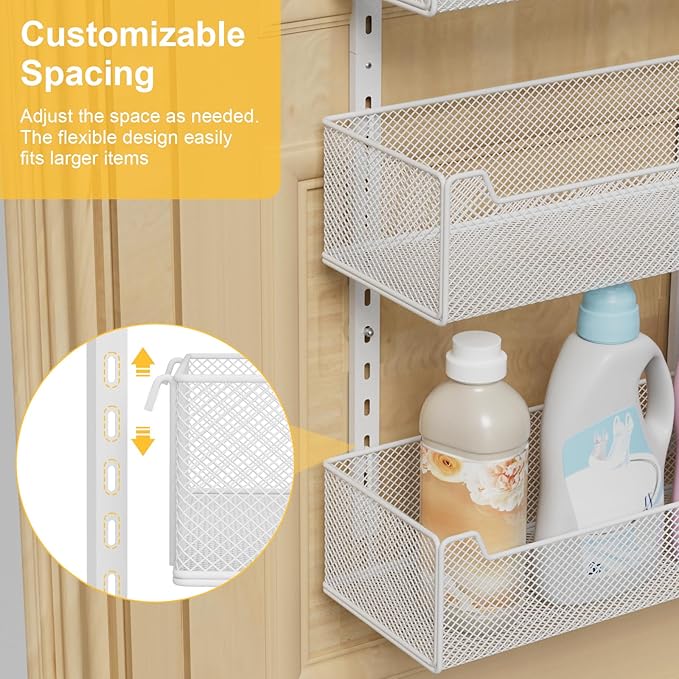 VyGrow Over the Door Organizer, 8-Tier Pantry Organizer with Fully Enclosed Mesh Baskets, Heavy-Duty Metal Hanging Spice Rack for Kitchen Bathroom Laundry Room, 2-in-1 Wall Mount or Door Mount, White