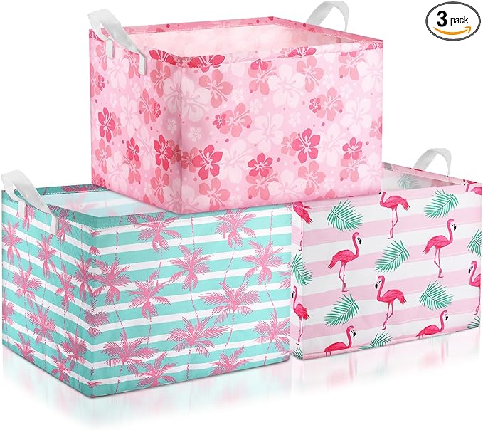 Geelin 3 Pcs Flamingo Baskets Summer Storage Basket for Gifts Collapsible Waterproof Canvas Cute Storage Bin Organizer with Handles for Book Closet Shelf Nursery Decor