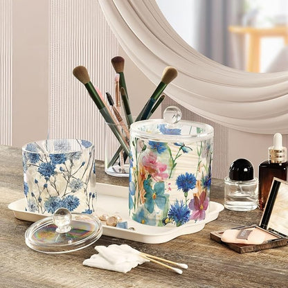 2 Pack Qtip Dispenser Apothecary Jars with Lids Cotton Round Holder Bathroom Canisters for Cotton Swab Floss Ball Pads Clear Plastic Decorative Watercolor Cornflower Daisy