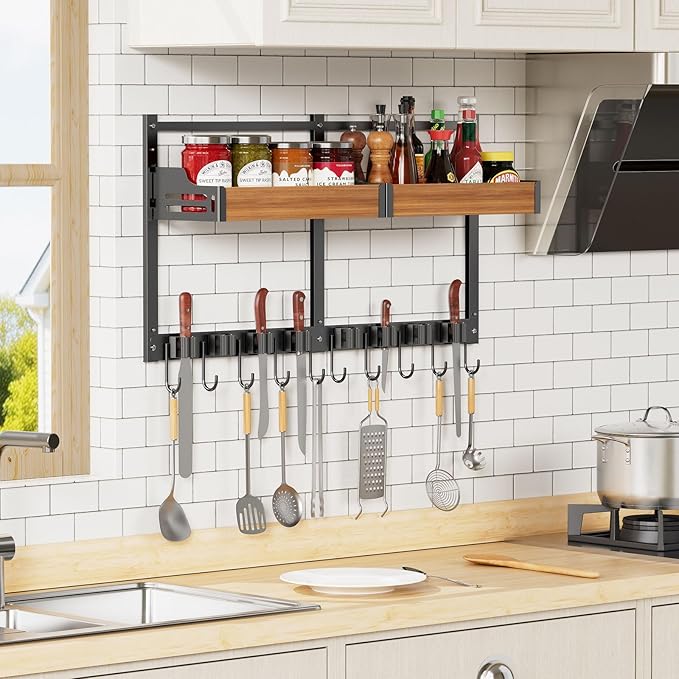 Broom and Mop Organizer Wall Hanging, Broom Holder Wall Mount with Cleaning Supplies Organizer, Broom Hanger Wall Mount with Storage Shelf and Hooks for Laundry Room Garage Kitchen