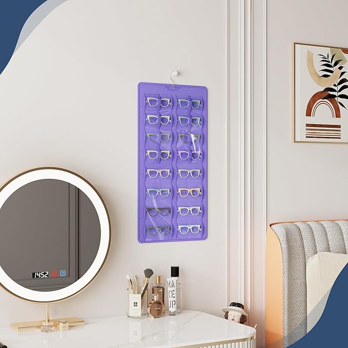 Hanging Sunglasses Organizer and Storage, Dual-Sided Sunglasses Case and Jewelry Holder, Wall-Mounted, 32 Clear Slots, Dust-Proof, Roof Design for Travel, Purple