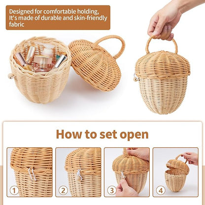 Handmade Wicker Rattan Mushroom-Shaped Storage Basket for Outdoor, Kids, Decor, Photography Props (Acorn-Shaped)