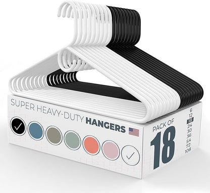 Super Heavy Duty Clothes Hangers 18 Pack – Made in the USA - 10lb Capacity, Thick Plastic Hangers for Pants, Coats, Jackets, Jeans and Adult Clothing – White & Black