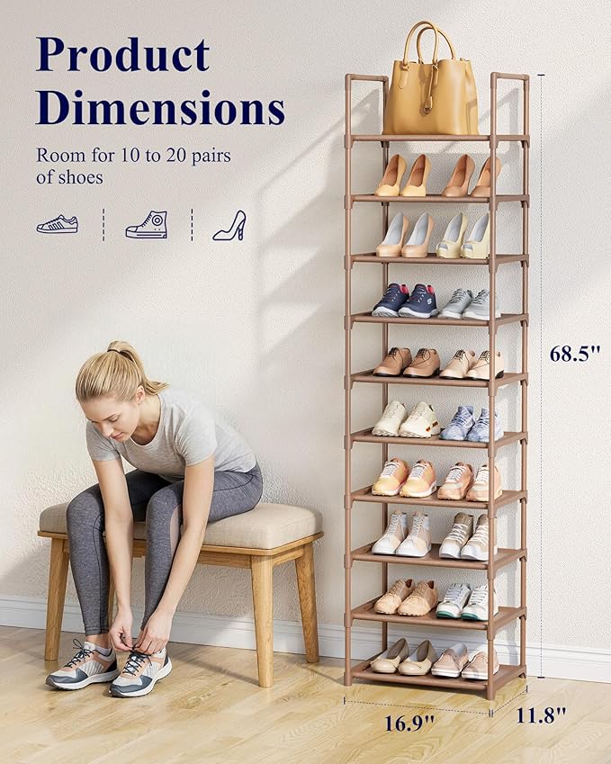 Kitsure Shoe Rack - 10-Tier Shoe Organizer with Detachable Fabric Shelves & Metal Frame, Tall Shoe Rack for Closet, Entrance, Living Room, 16.9" Wide - 10 Tier, Brown