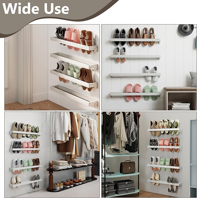 Nisorpa 30 Inch Shabby White Washed Wood Hanging Shoe Rack, Wall Mounted Shoe Rack Storage Organizer Space Saving Footwear Holder for Closet, Mudroom, Entryway, Holds 12 Pairs, Set of 4