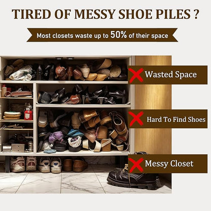 Shoe Stacker 12 Pack, Shoe Slots Organizer for Closet, 3 Levels Adjustable Shoe Space Saver to Save 50% Space, Clear Anti Slip Shoe Rack Organizer Holders for Sneakers, Heels & Sandals