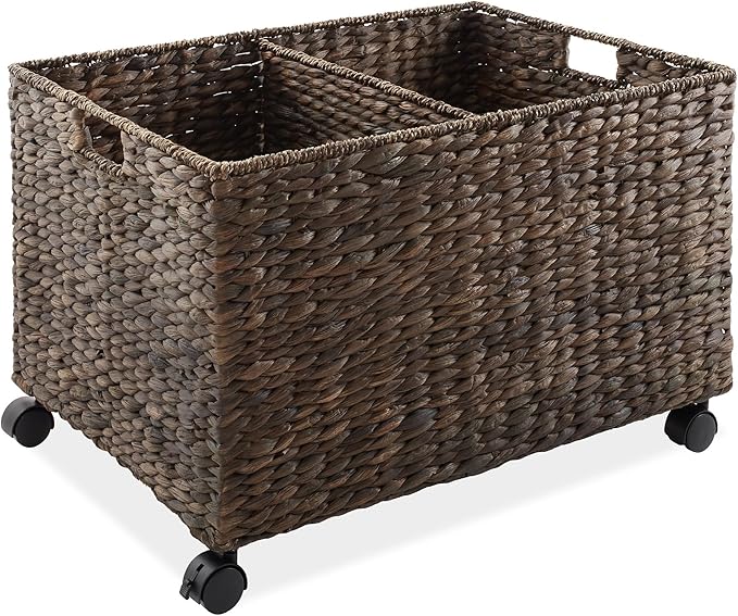 Casafield Rolling Storage Basket Cart with Lid and Locking Wheels, Espresso - Handwoven Water Hyacinth Divided Recycling Sorting Bin for Kitchen, Laundry Room, Garage