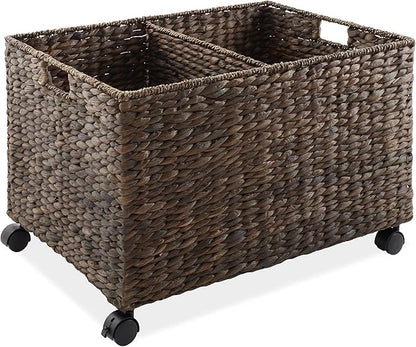 Casafield Rolling Storage Basket Cart with Lid and Locking Wheels, Espresso - Handwoven Water Hyacinth Divided Recycling Sorting Bin for Kitchen, Laundry Room, Garage