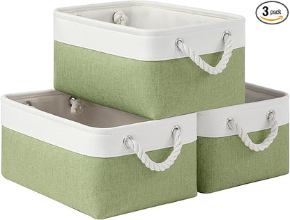 Storage Baskets for Shelves 13.8x9.8x6.7 Inch, Foldable Fabric Storage Bins with Handles, Small Storage Baskets for Organizing Closet, Office, Home Organization (3-Pack, White&Green)