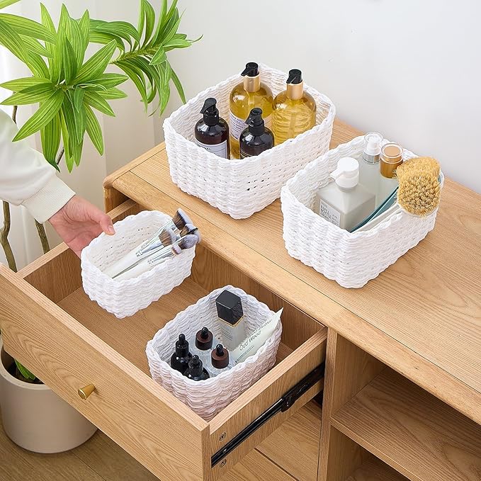 4PCS Woven Storage Baskets Set, Small Baskets for Organizing, Square Handwoven Paper Rope Organizer Bins for Shelves and Home Storage (White)
