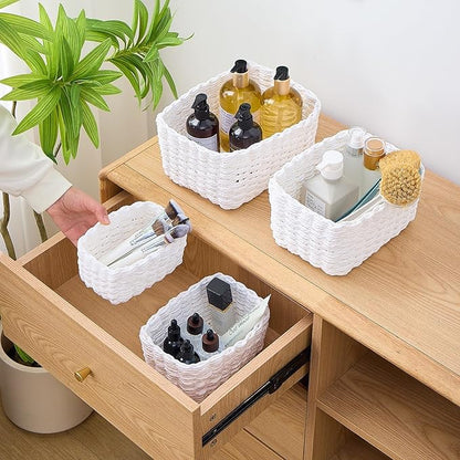 4PCS Woven Storage Baskets Set, Small Baskets for Organizing, Square Handwoven Paper Rope Organizer Bins for Shelves and Home Storage (White)