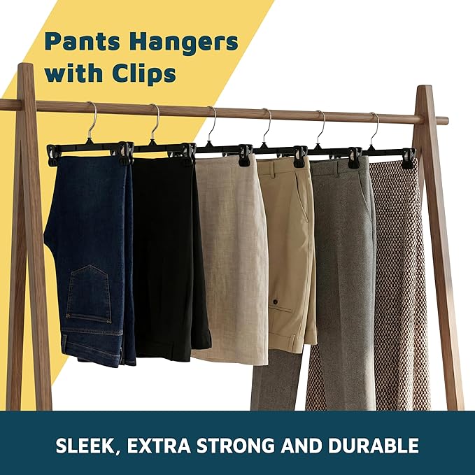 Lifemaster Pants Hangers with Clips Pack of 10, 12-Inch Heavy-Duty Clothes Hangers with Non-Slip Ridged Grip Clips & 360° Swivel Hook, Space-Saving Closet Organizer for Pants, Skirts & Shorts, Black