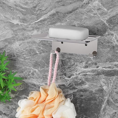Soap Dish for Shower, 4 Slot Self-Adhesive Soap Holder for Bathroom, Wall Mounted Shower Soap Holder with Hook, Stainless Steel Soap Tray Reflective Silver