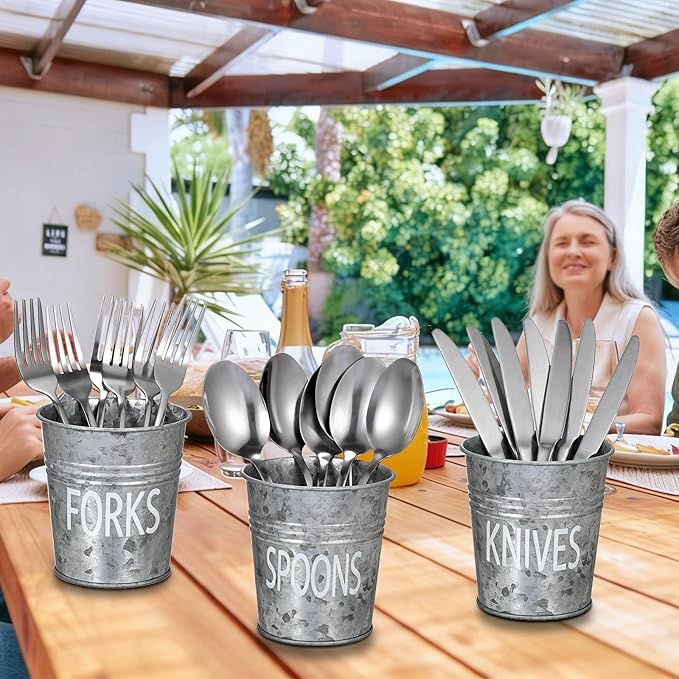 JUXYES Set of 3 Farmhouse Metal Tin Bucket Utensil Holder - Antique Silverware Caddy for Kitchen Countertop - Rustic Flatware Cutlery Caddy Silverware Holder Spoon, Fork & Knife Organizer for Parties
