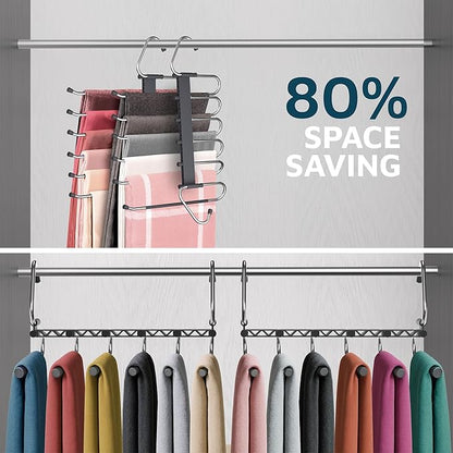 Lifemaster Space Saving Pants Hangers 2 Pack, 6 Layer Jeans Hangers & Closet Organizer for Jeans, Scarves, & Skirts, Multi-Layer Hanger with Anti-Slip Stopper, Heavy-Duty S-Type Stainless Steel, Gray