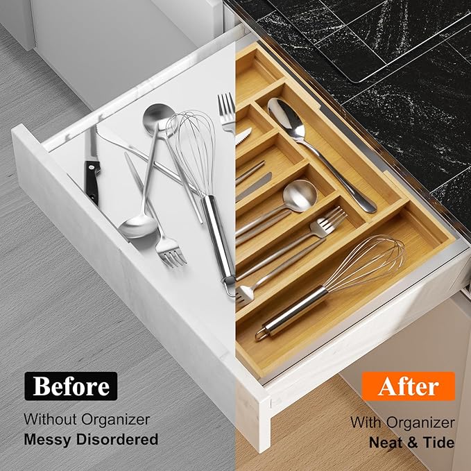Large Bamboo Kitchen Utensil Drawer Organizer Expandable Flatware Silverware Tray Adjustable Cutlery Drawer Organizer Divider Insert Wood Silverware Utensil Holder Tray Spoon and Fork Organizer