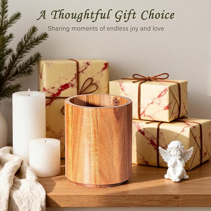 Criusia Utensil Holder 2 Pack, 360° Rotating Acacia Wood Cooking Utensil Crocks for Kitchen Counter, Farmhouse & Modern Decor, (1 Large,1 Small)