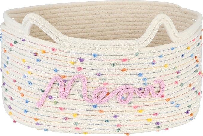 Sea Team Cat Toy Basket with Handles, 16.5 x 11 x 7 Inches, 4.4 Gallons Large Cotton Rope Storage Bin, Box, Shelf Organizer for Pet Chew Toys, Foods, Rainbow Meow