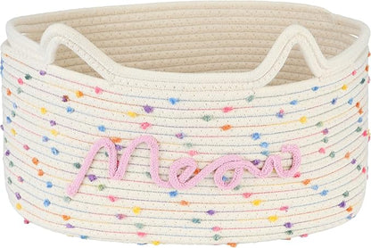 Sea Team Cat Toy Basket with Handles, 16.5 x 11 x 7 Inches, 4.4 Gallons Large Cotton Rope Storage Bin, Box, Shelf Organizer for Pet Chew Toys, Foods, Rainbow Meow