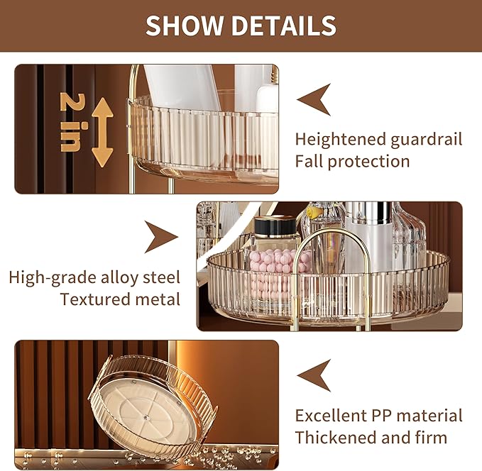 YCIA&DONE 360 Rotating Makeup Organizer and Storage for Vanity Countertop 3 Tiers, High Capacity Cosmetic Skincare Perfume Organizers for Dresser Bathroom Lazy Susan (Amber Gold)