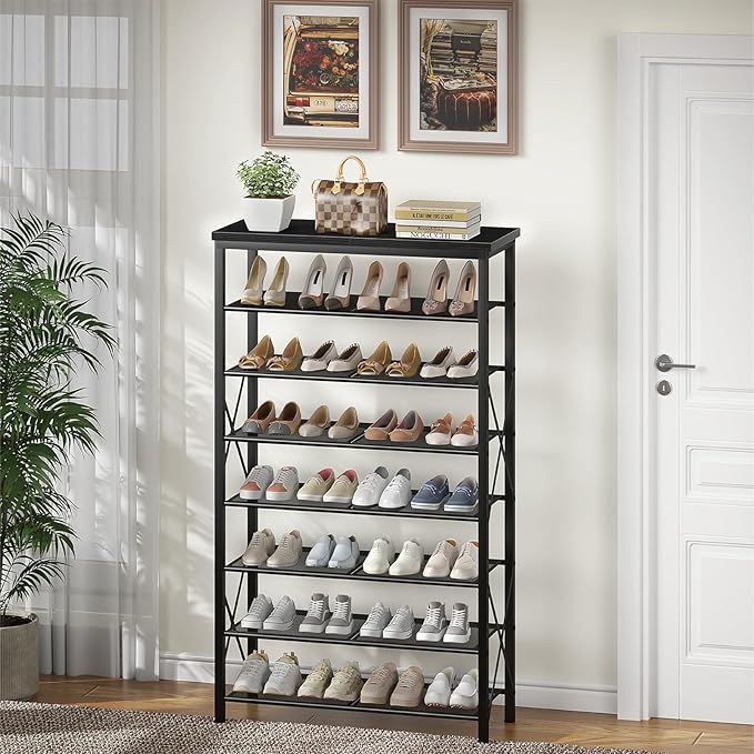 Metal Shoe Rack, 8 Tier Shoe Shelf Holds 32 Pairs, Vertical Shoe Organizer for Garage Front Door Entrance, Black