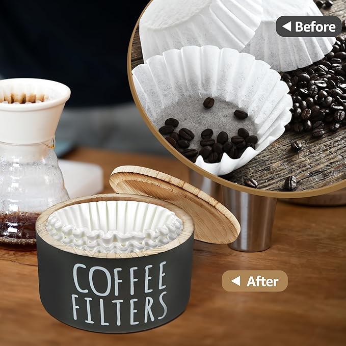 Coffee Filter Holder - Wooden Coffee Storage Container with Lid, Multipurpose Filter Dispenser, Sturdy Coffee Pod Organizer for Bar Counter Decor (Black)