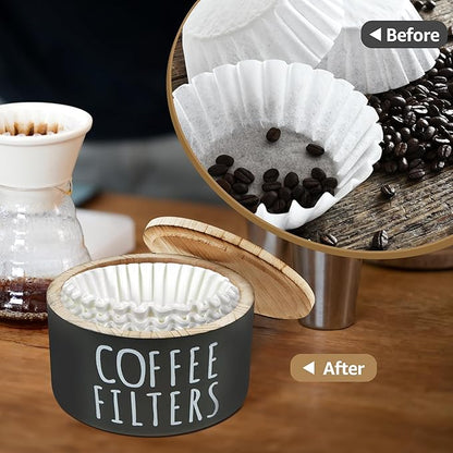 Coffee Filter Holder - Wooden Coffee Storage Container with Lid, Multipurpose Filter Dispenser, Sturdy Coffee Pod Organizer for Bar Counter Decor (Black)